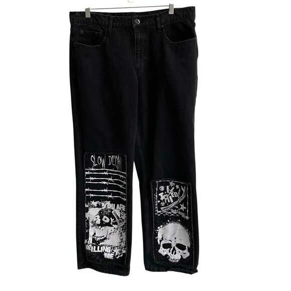 Hot Topic Punk Patch Jeans Mens *34 Slow Decay Skull Grunge Black Goth Graphic - Picture 1 of 8